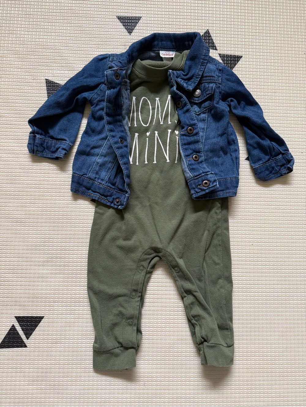 6M-9M Cat & Jack Olive Green Jumpsuit “Mama’s Mini” with Dark Denim Jacket